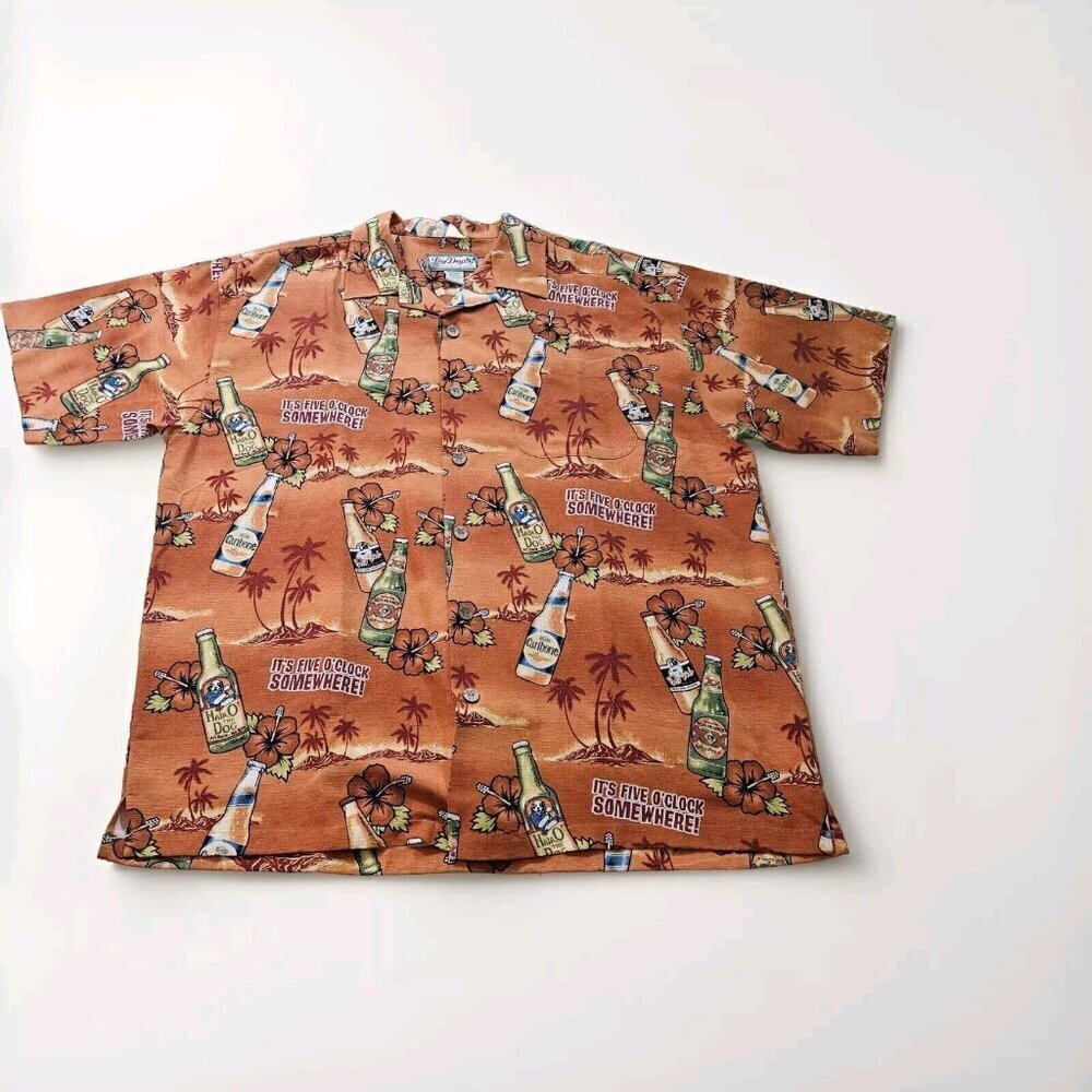 Big Dogs Shirt Men L Orange Hawaiian SS It's Five O'Clock Somewhere! Print Beach